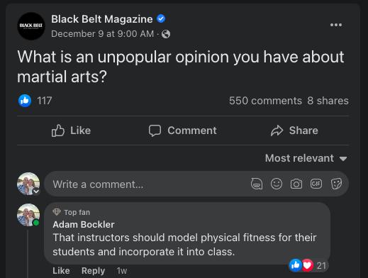 Screenshot of the Black Belt Magazine post asking what unpopular opinion you have about martial arts